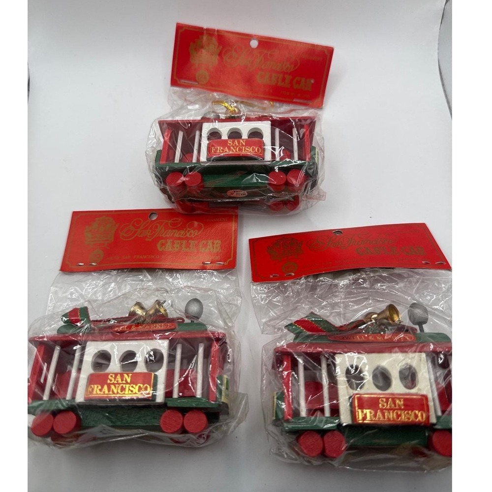 VTG Powell Market San Francisco Cable Car Wooden Christmas Ornaments Set/ 3 New
